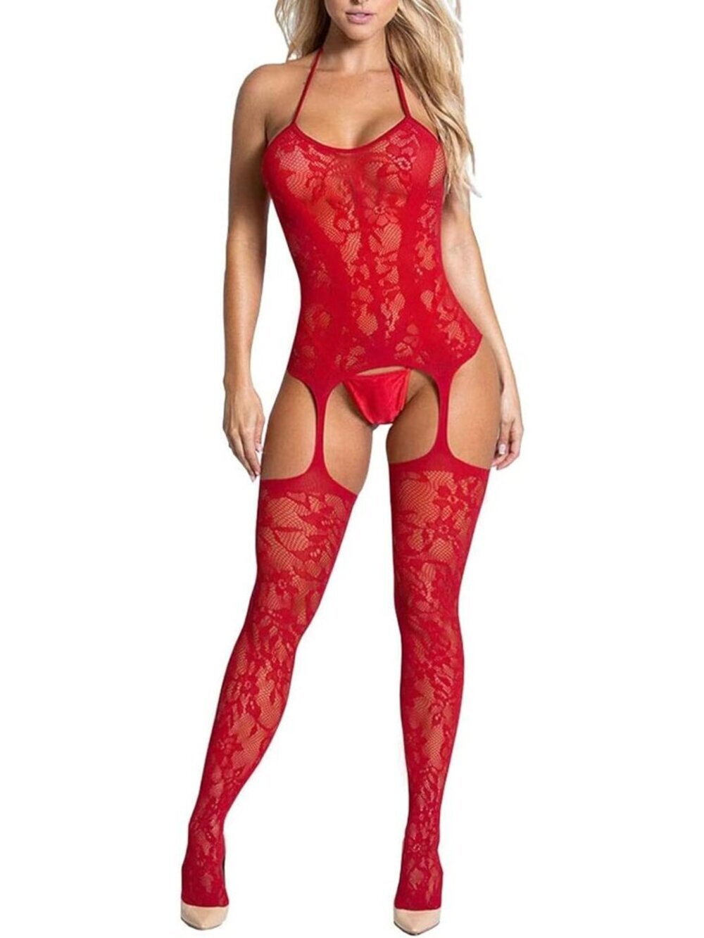 Women's Red Gb Exotic Tights Soft Nightwear Lingerie Fishnet Body Stocking
